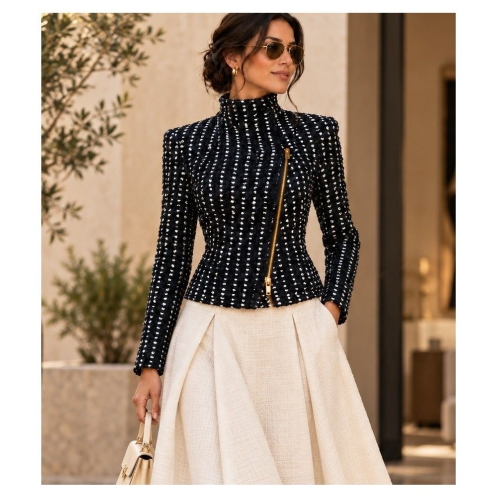 Escada Boni Navy White Texture Asymmetrical Zip Blazer Jacket Size 34r